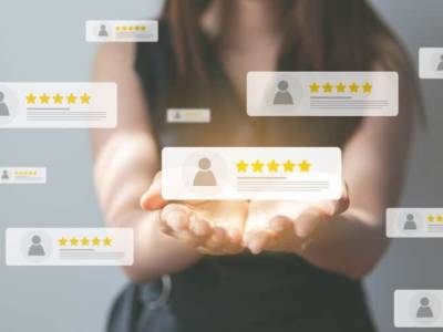 Business people using smartphone and pressing review popup on visual screen, customer review by five star feedback, positive customer feedback testimonial.